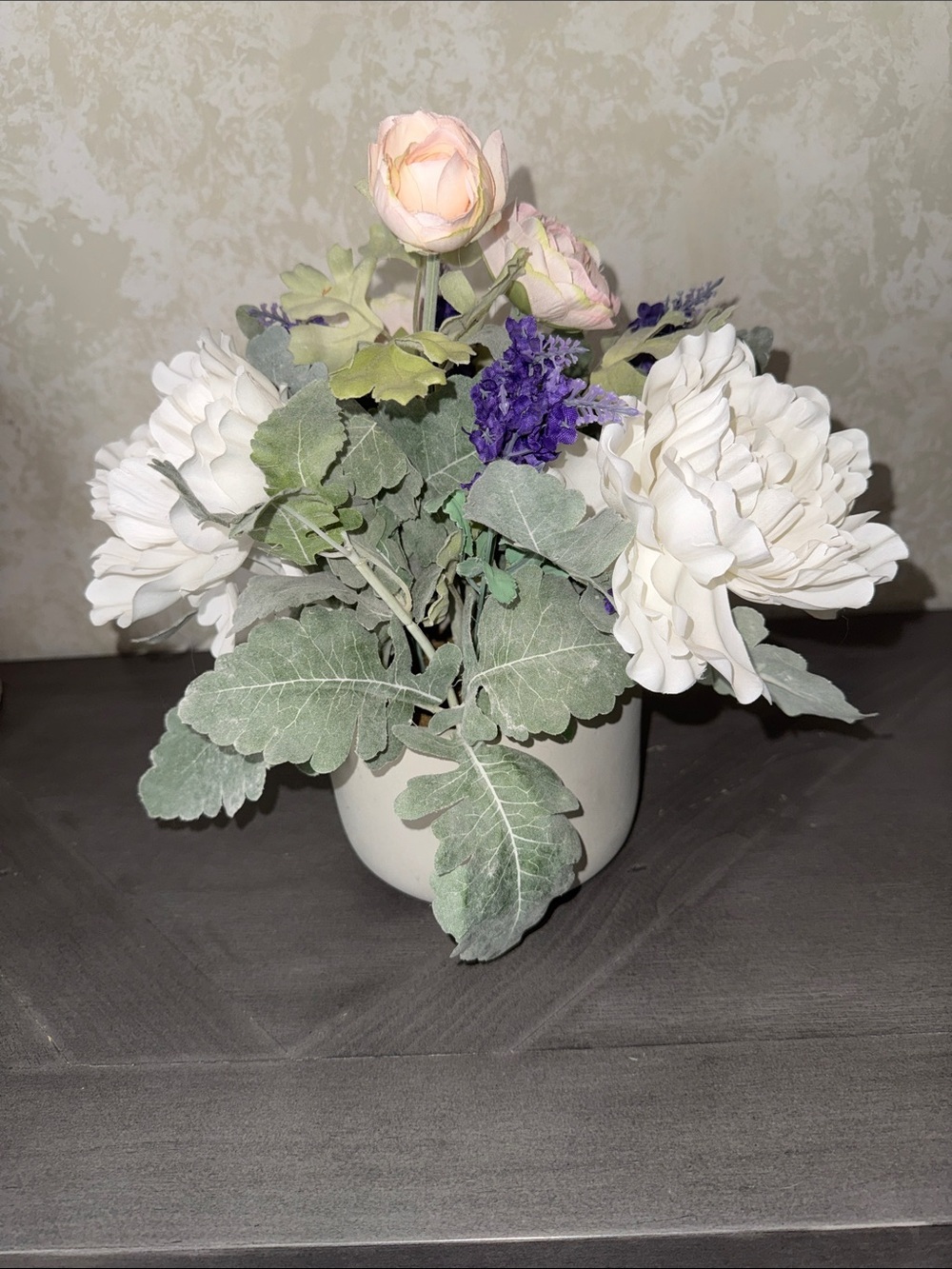 Cream Peony and Lavender Faux Floral Arrangement in Cream Pot